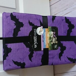 NEW Halloween Spooky Bats Fabric Tablecloth 60x104 Oblong Party Metallic Purple